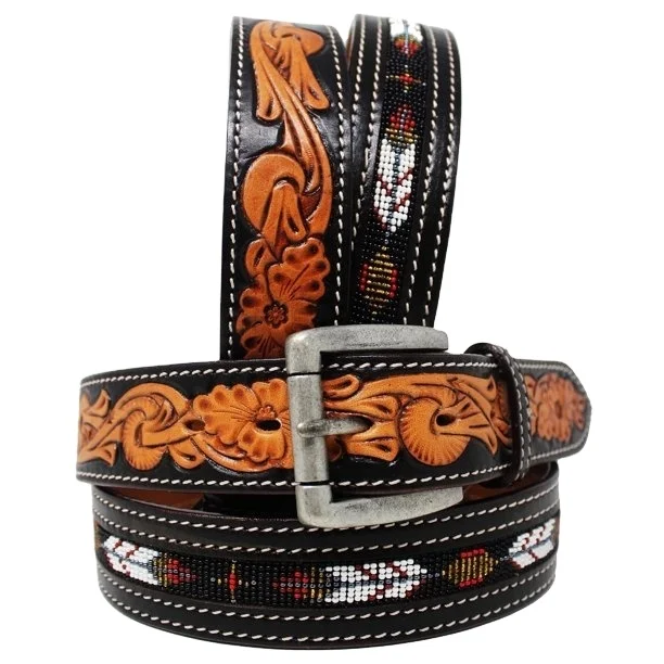Highest Quality Custom Made Western Cow Leather Belt With Bead & Floral Embossed Design Manufacturer