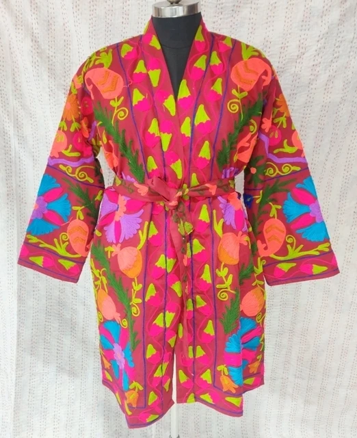 Hand Embroidery Suzani Uzbek Short Long Kimono Coat Jackets Kantha Embroidery Cotton Jackets With Belt Indian Handmade Robe for