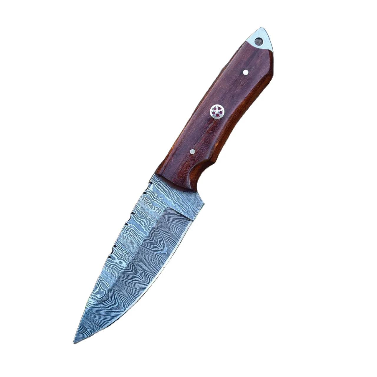 Custom handmade Damascus steel fix blade rose wood handle full tang knife with free fancy original cow hide leather sheath