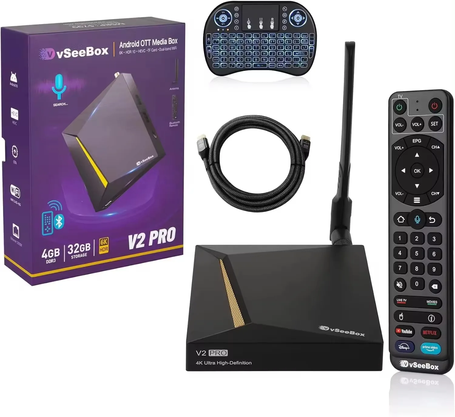 vSeeBox V2 Pro 2023 Android TV Box with Voice Remote Control Mini Backlit Keyboard and 8K HDMI Cable (4GB RAM + 32GB ROM)