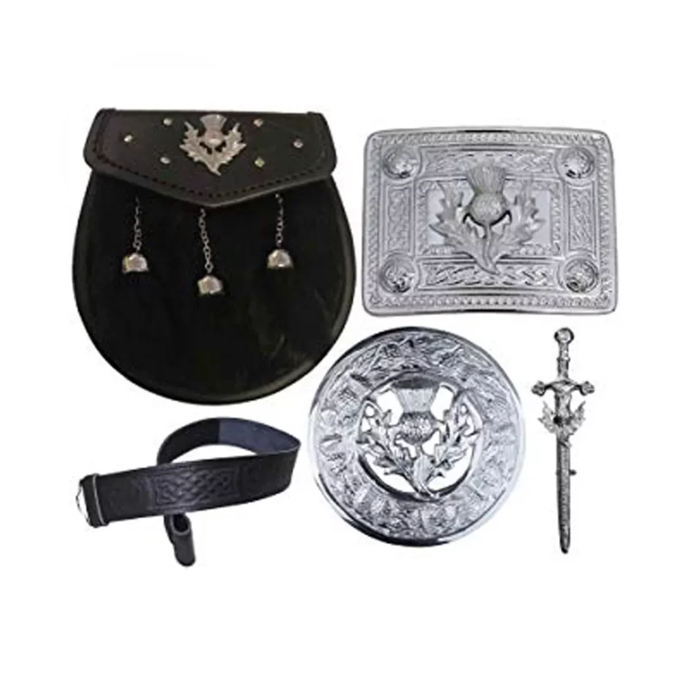 Scottish Full Dress Kilt Sporran Rabbit Fur Cantle Set Of 5 Buckle,Brooch top Hot sale