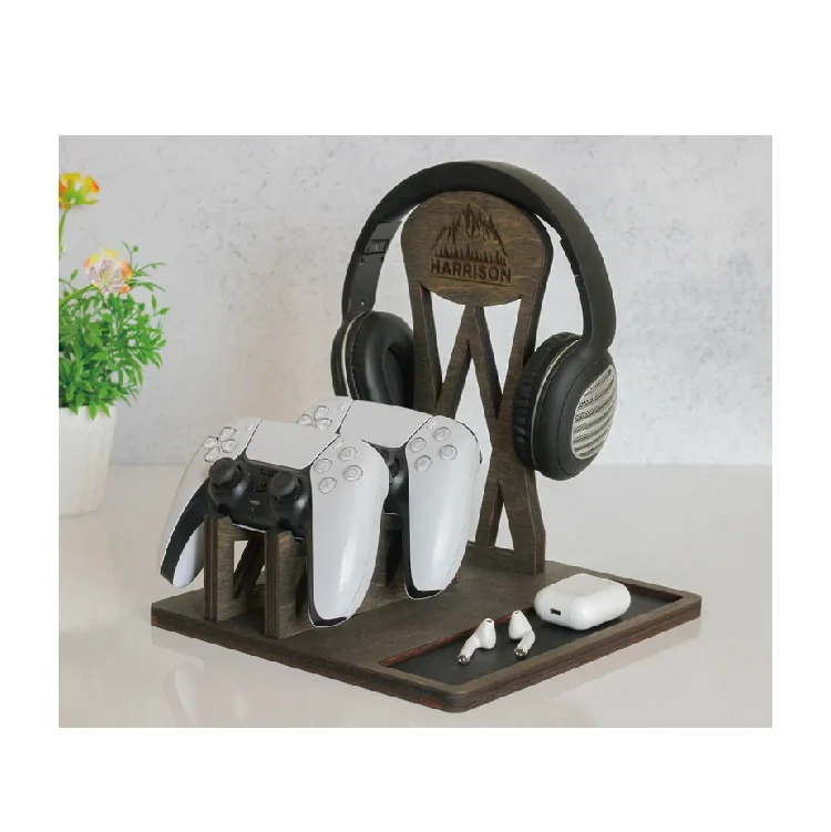 wood natural Controller Stand and Headphone Holder GiftGame Room Decor