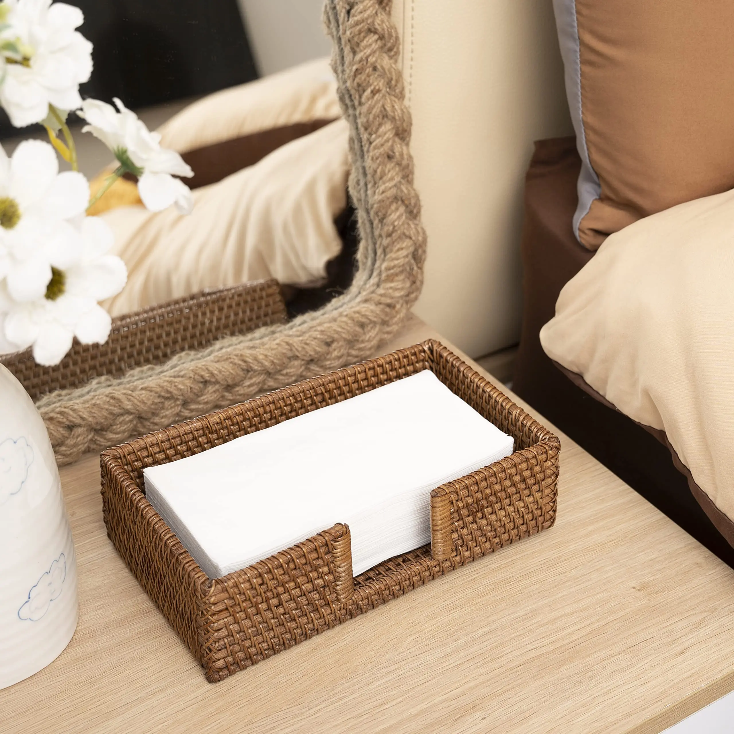Wicker rattan facial tissue holder basket box for home office hand towel paper dispenser storage container