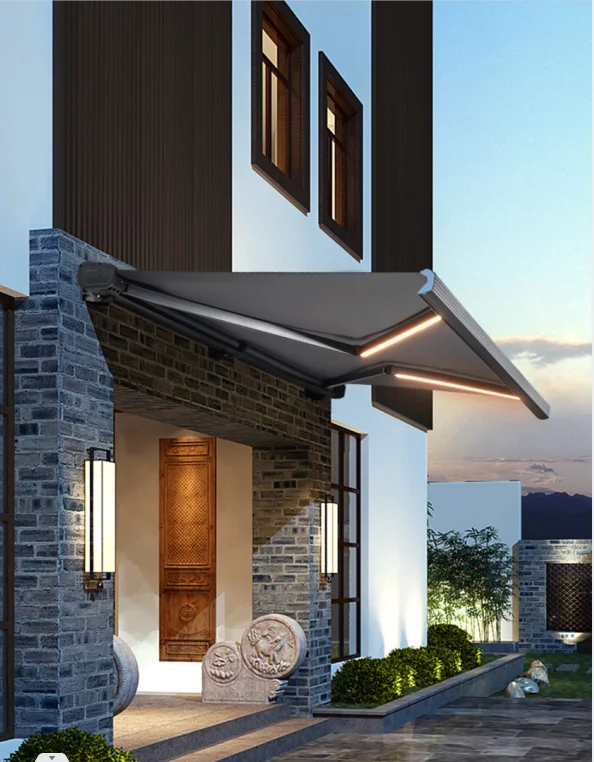 custom outdoor wind resistant,sunshade  automatic aluminum full cassette canopy awning with wind sensor  for commercial/house