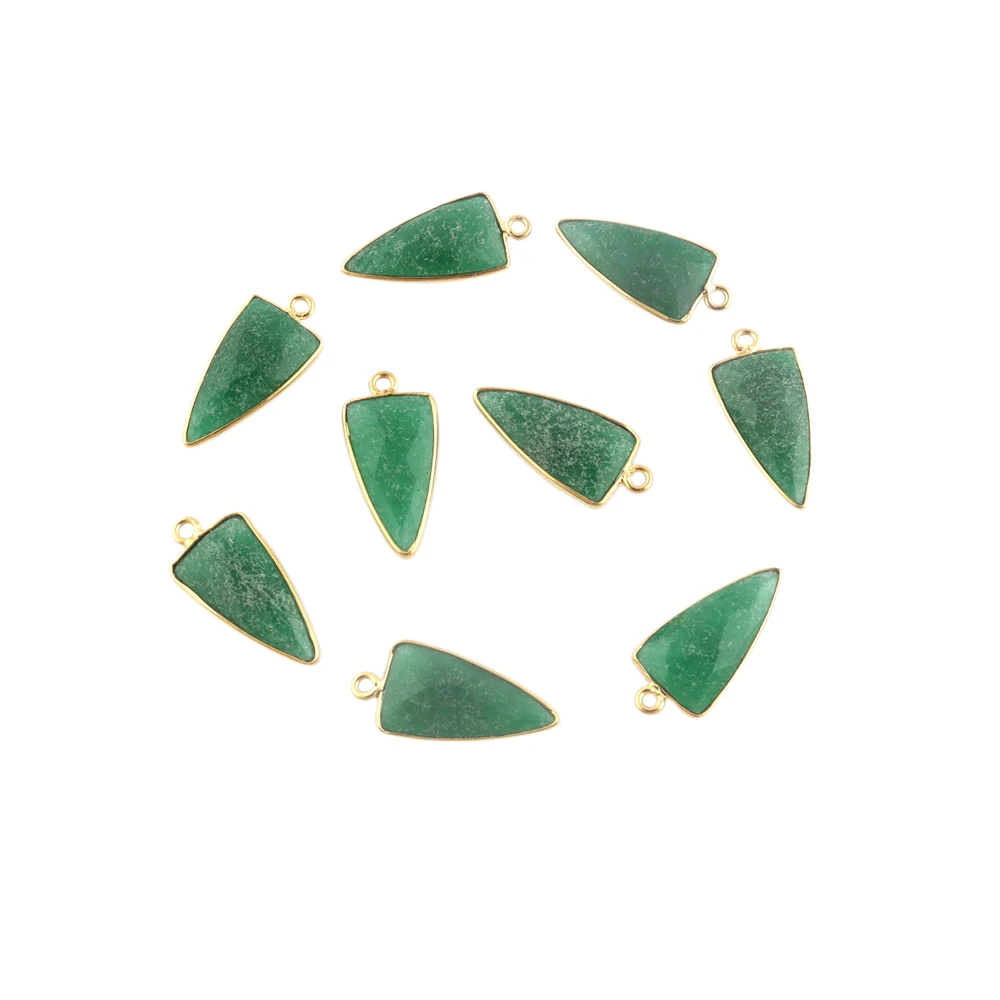 Premium quality charms dark green jade trillion shape diy connector 18k gold plated single bail bezel setting making connector