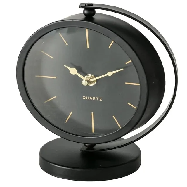 Wholesale Mid Century Modern Desktop Clock  Black  Gold Accents  Quartz Movement  Iron  Round  Mounted  Circular Base handmade