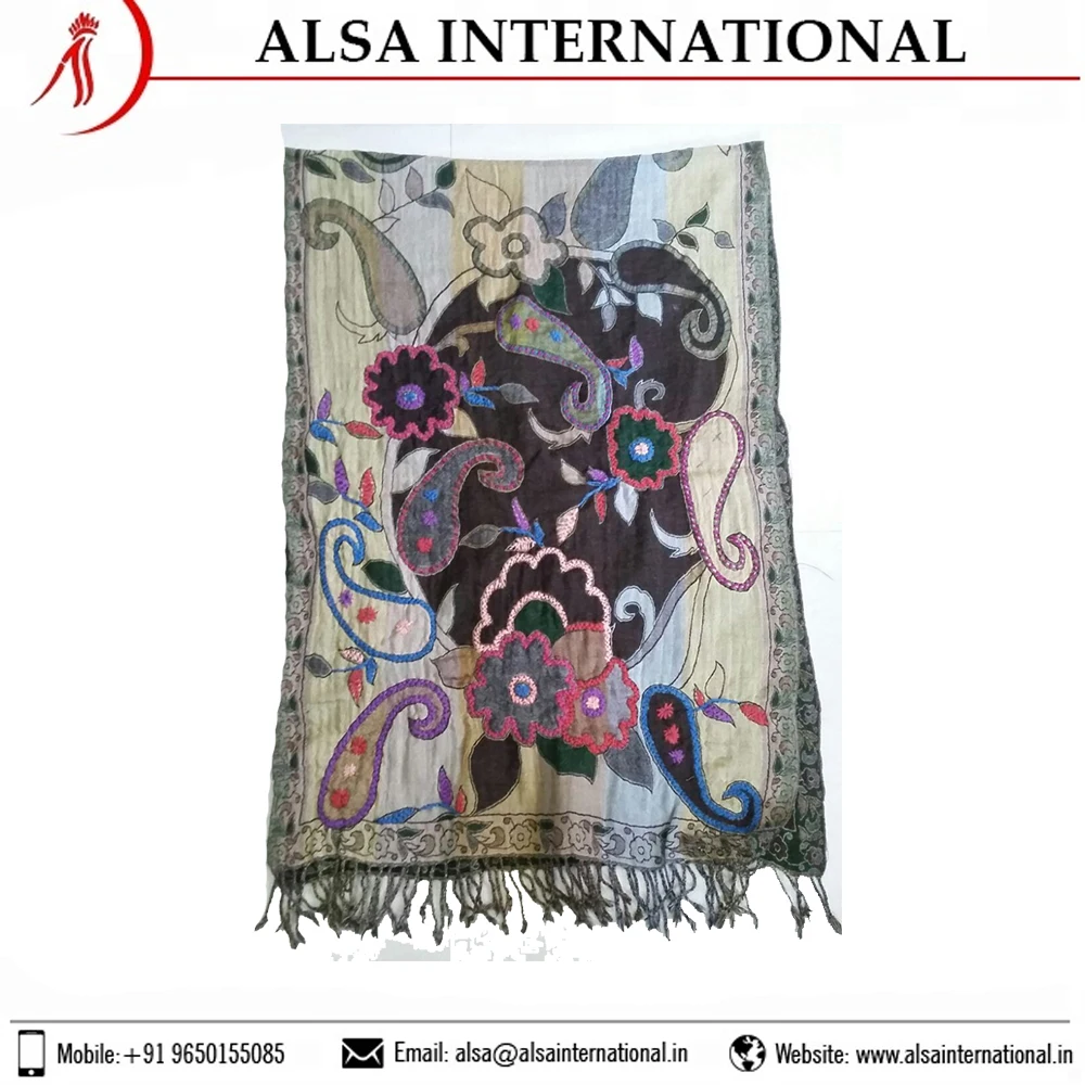 Luxury High Quality Customized Wool Stole with Embroidery Work Floral Design Shawl/Scarf At Good Price