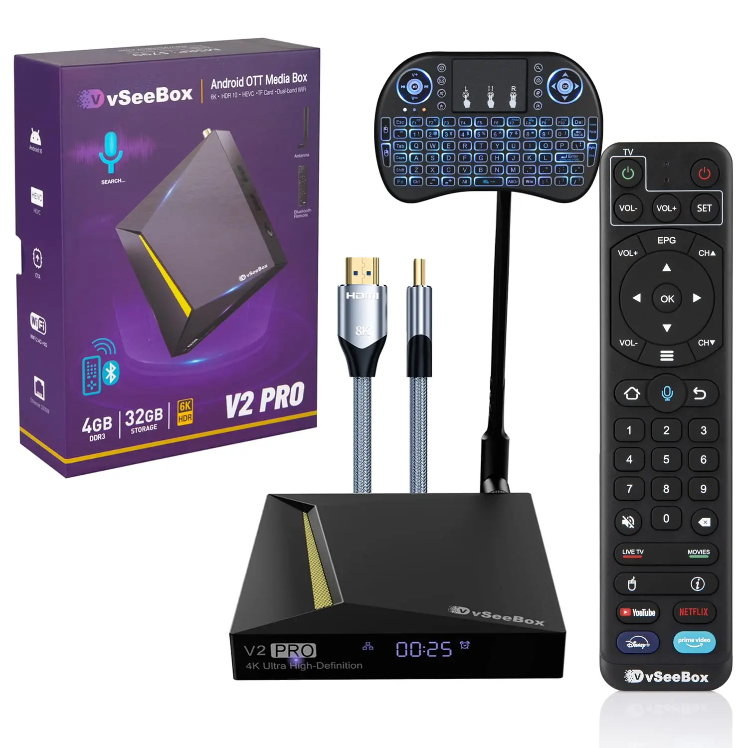 HOT New 2024 vSeeBox V2 Pro Fastest Android TV Box with Voice Remote Control and HDMI Cable (4GB RAM+ 32 GB ROM)