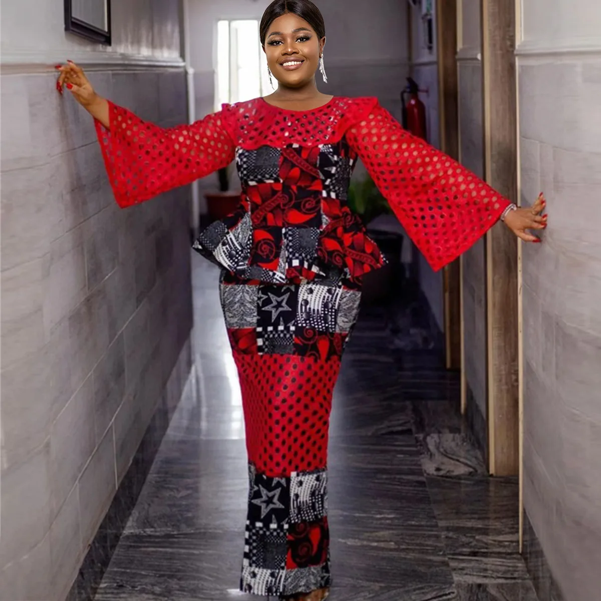 Print Hollow Out See Through Lace Peplum Christmas Women Evening Dress