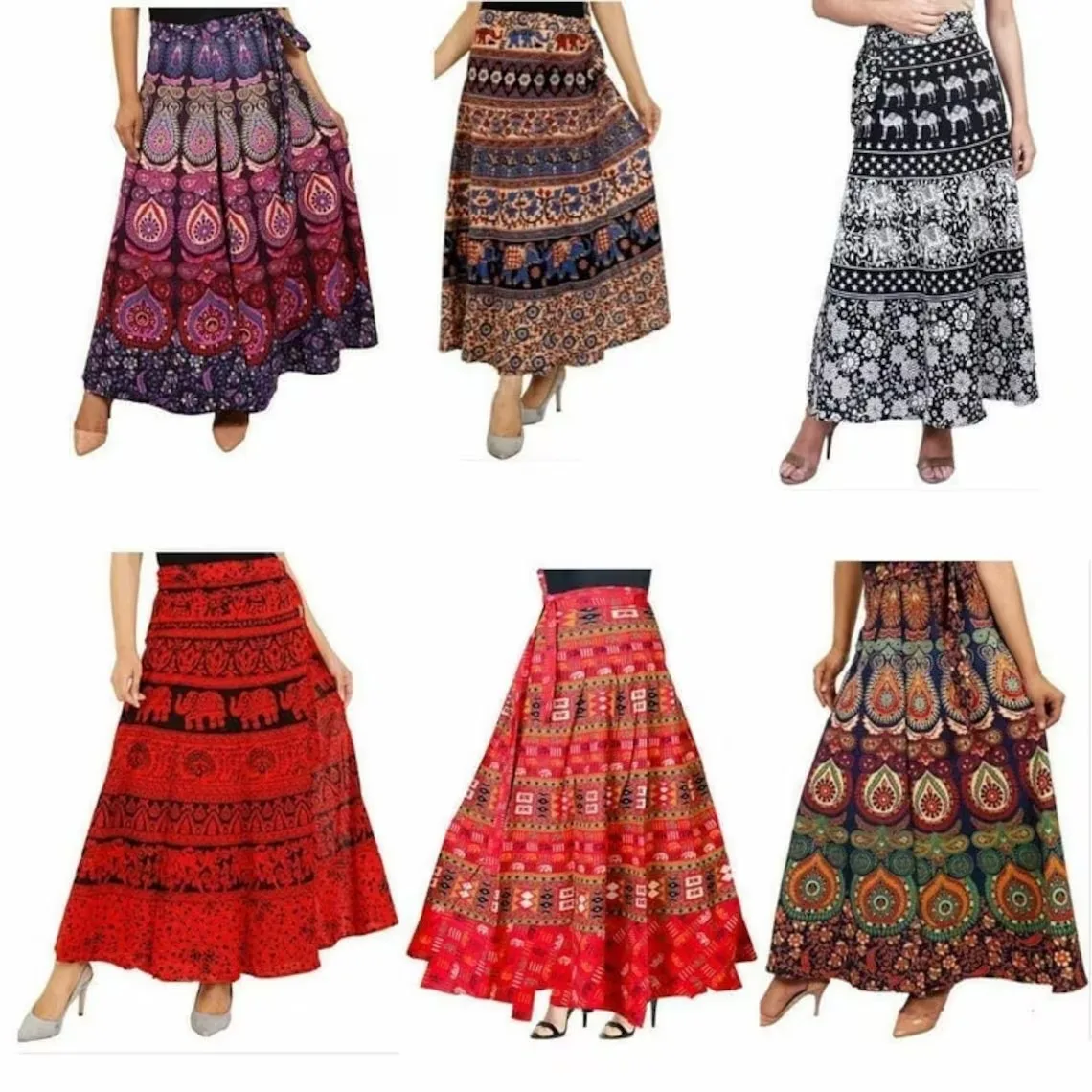 Mix Lot Indian Women Cotton Long Skirts Bohemian Flamenco Gypsy Hippie skirts Double Layer Cotton Wrap Skirt (Assorted Colors)