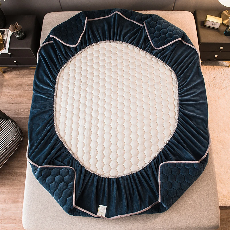 Thick Quilted Plush Double Bed Fitted Sheet Couple Mattress Cover Winter Warm Elastic Velvet Bed Linen Bedspread 150 160x200