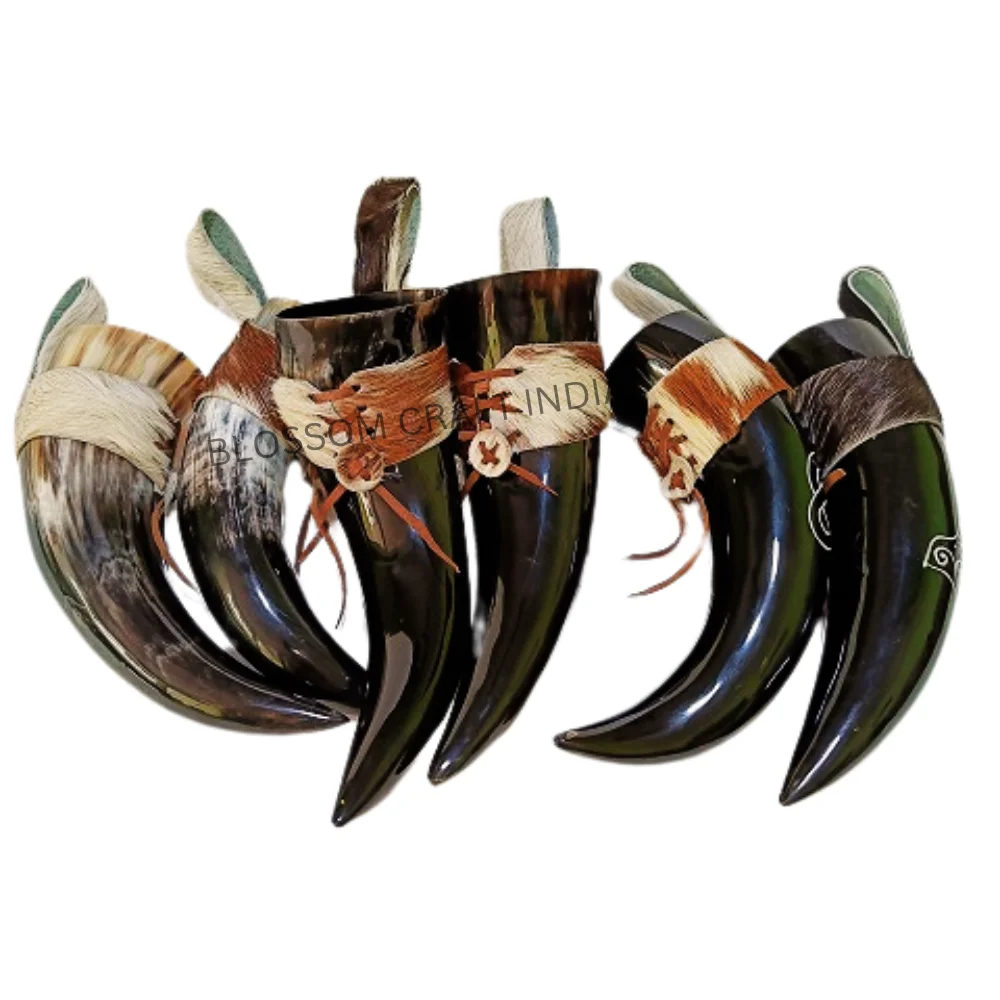New Viking Drinking Horn Genuine Cow Handcrafted Engraved Drinking Horn with Goat Holders For Mead Ale Agate For Gifting