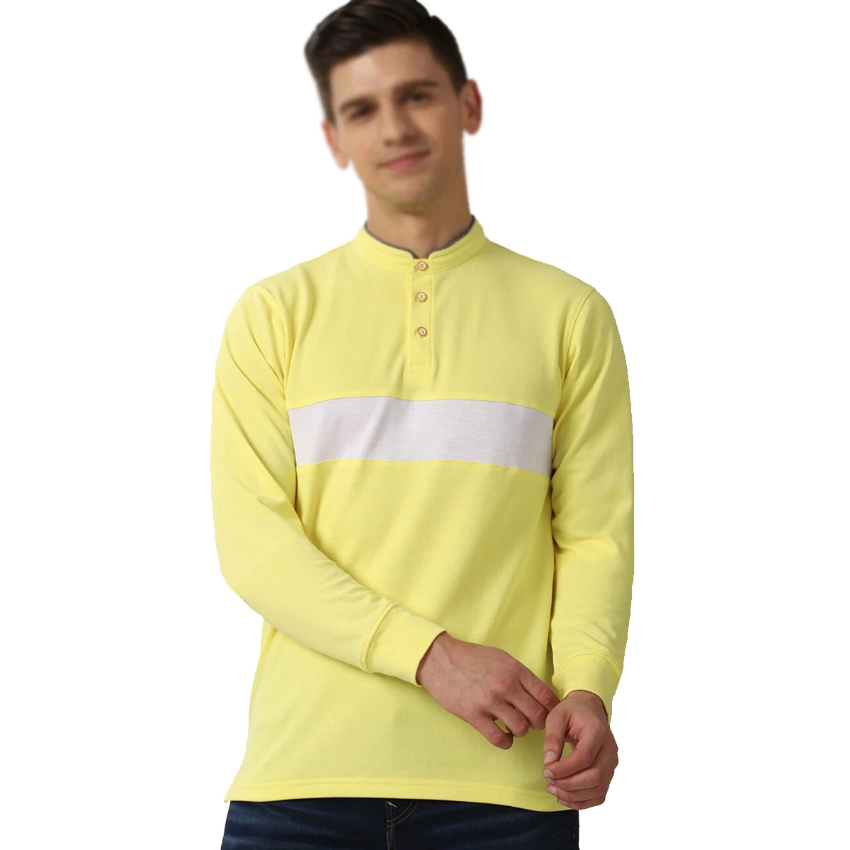 Men Yellow Road blocked Mandarin Collar Applique Slim Fit T-shirt Long Sleeves Ribbed Neck Men Classic Oversize T-Shirt
