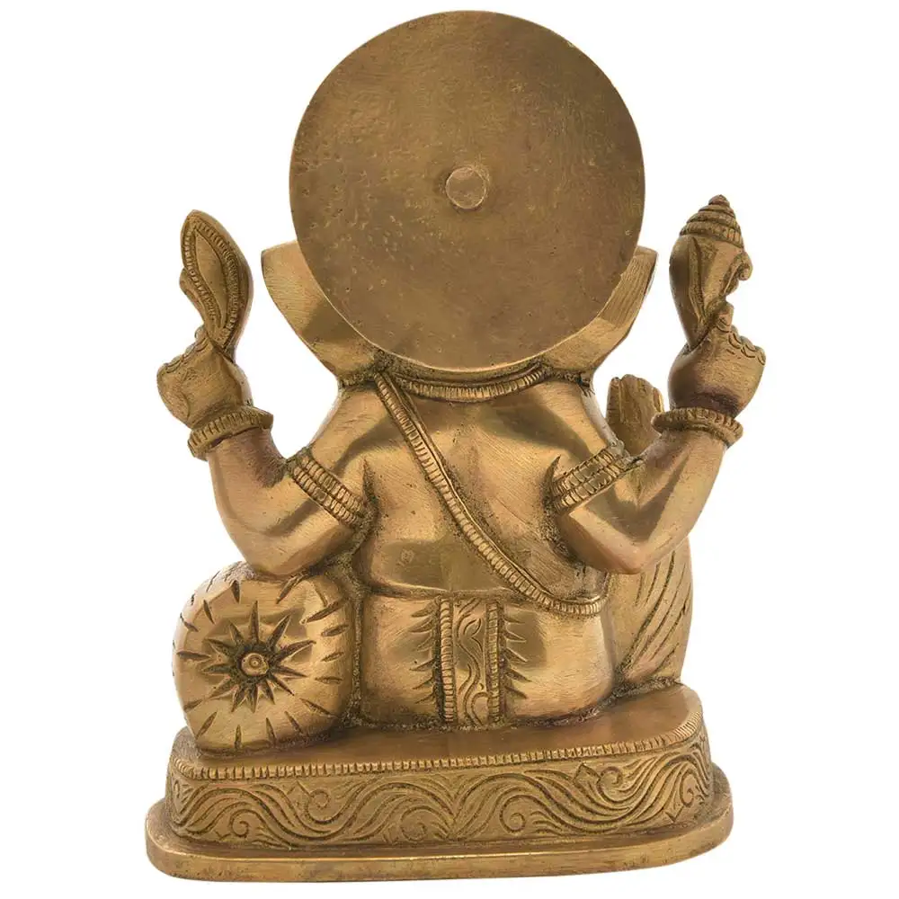 Handmade Indian Brass Golden Bronze Charbhuja Ganesha Sculptures Figurine Statue Home Decor Gift Items Size: 17 x 13 cm SMG-486