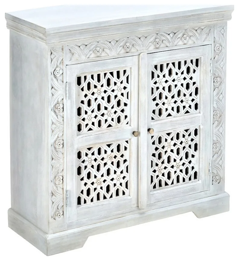 Solid White Mango Wood Sideboard Handcarved for Bedroom Dining Room Hotel Farmhouse Home Bar Furniture with Storage Features