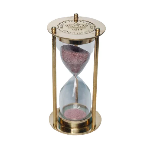 Metal & Glass Sand Timer With Antique Gold Plating Finishing Round Shape With Wheel Design Base For Measuring The Time