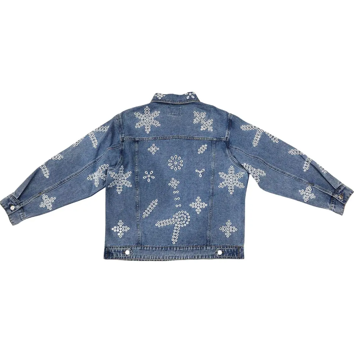 Bufa Jean Factory Custom Oversized Denim Jacket for Women Stylish Coats with Openwork Embroidery Fashion Jean Jacket