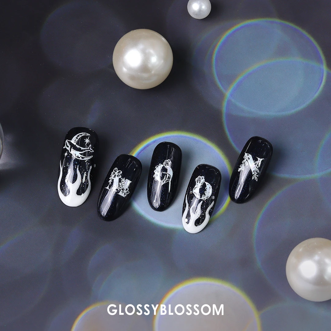 Ботаническая голограмма GLOSSYBLOSSOM мигающая декоративная наклейка для ногтей черный фон рамка Бабочка змея цветок луна обогащение
