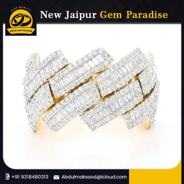 Fancy Design Half Ice Out 14k Gold Plated solid Cuban Link Baguette Ring with Real DEF VVS Quality Rappers Band Ring