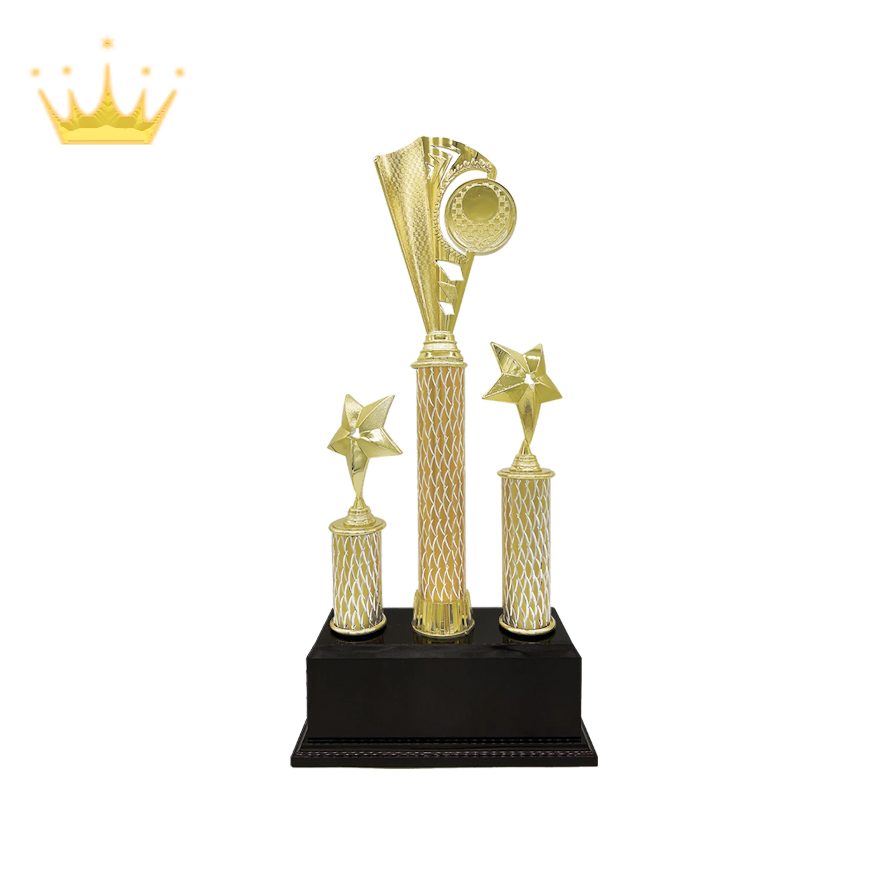 High Quality Hot Selling 3 Pillar Modern Plastic Trophy With Golden Star Design for Competition Awards Souvenir