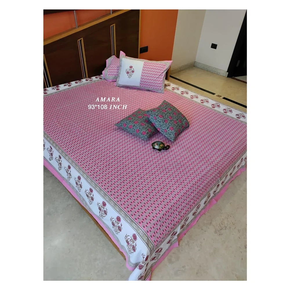 AMBS002 Latest Premium Collection  Amara & Masakali 93x108 With 2 Hand Block Cushion Covers Premium Queen Size Bed Sheets