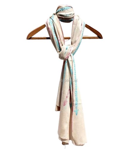 Buy Fashionable Indian Craftsmen Hand Woven Decoration Printed Warn Lambswool Cream Stole For Women Wearing