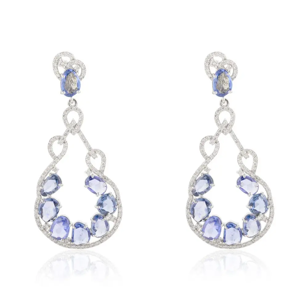 New Trendy Handmade Fine Jewelry Natural Blue Sapphire and Diamond Chandelier Earrings in 18k Solid White Gold Fine Jewelry