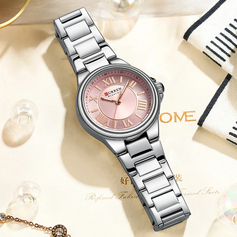 CURREN 9091 Romantic Charm Women Wristwatches Fashion Design Thin Quartz Watch with Luminous Hands Stainless Steel Bracelet