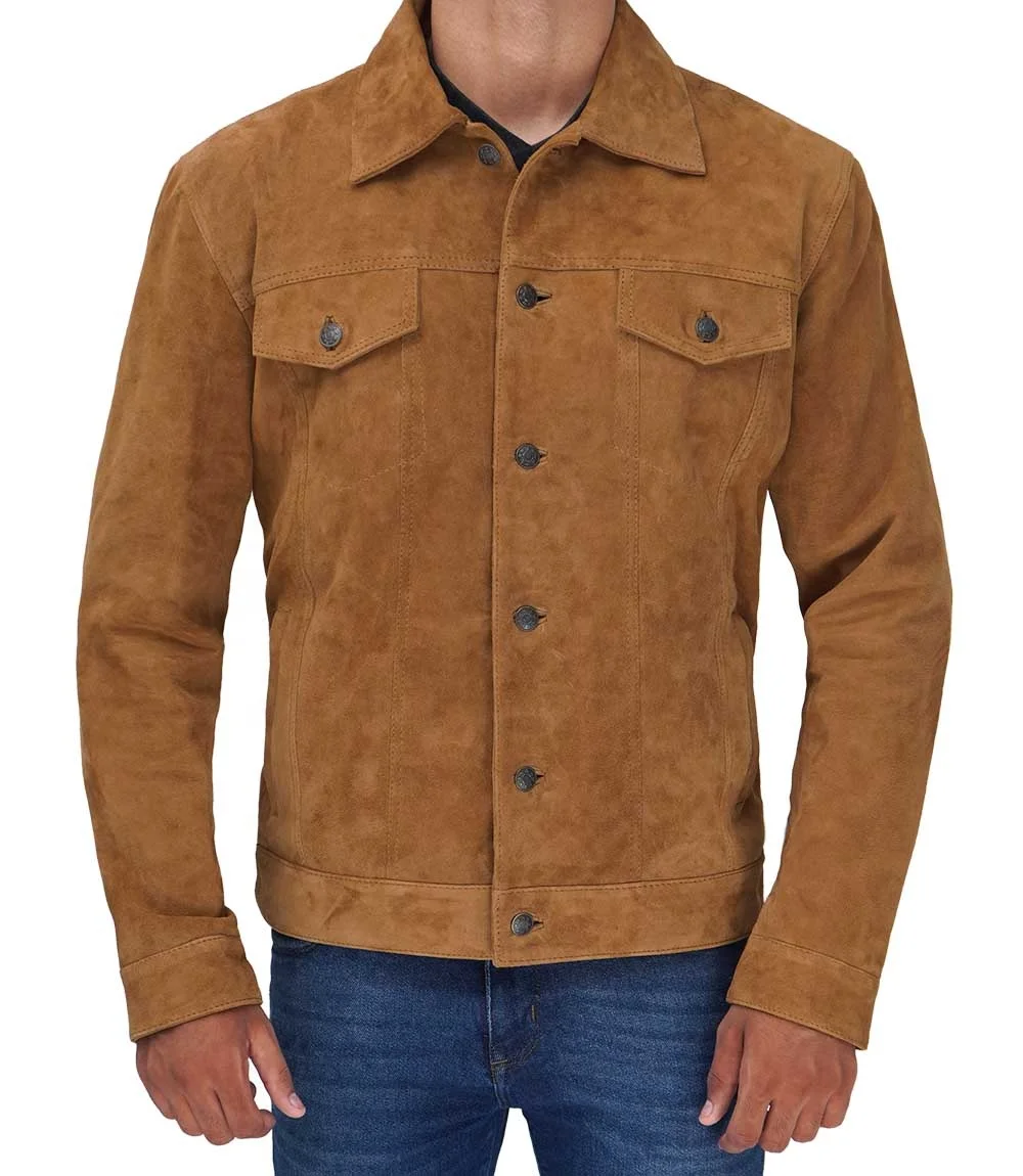 Super New Mens Suede Tan Leather Jacket  Windbreaker Leather Biker Jacket With Shirt collar with easy to fasten buttons Suede Ja