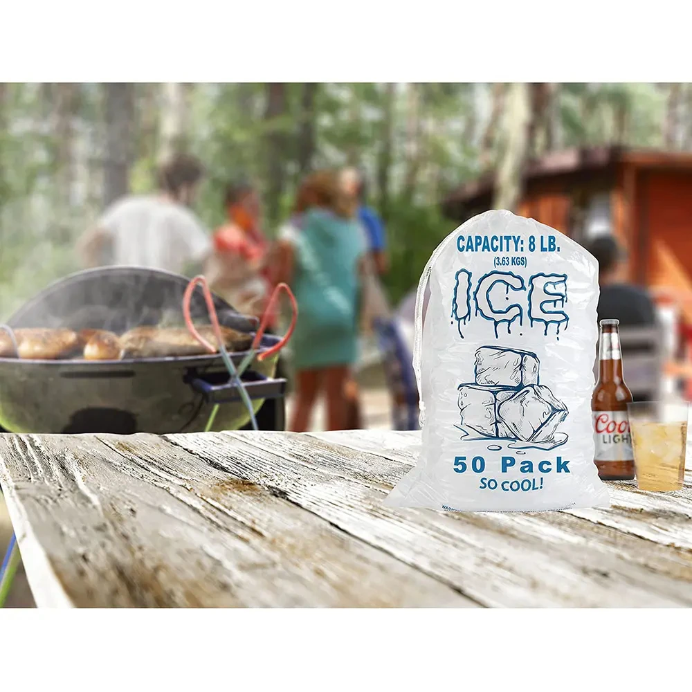 Custom Printed Logo Large Capacity Disposable LDPE 8/10/20 LB Plastic Drawstring Ice Bag