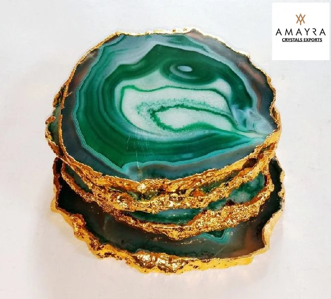Natural Agate Coasters   Green Color Geode Coasters With Golden Plating  Buy Online From Amayra Crystals Exports