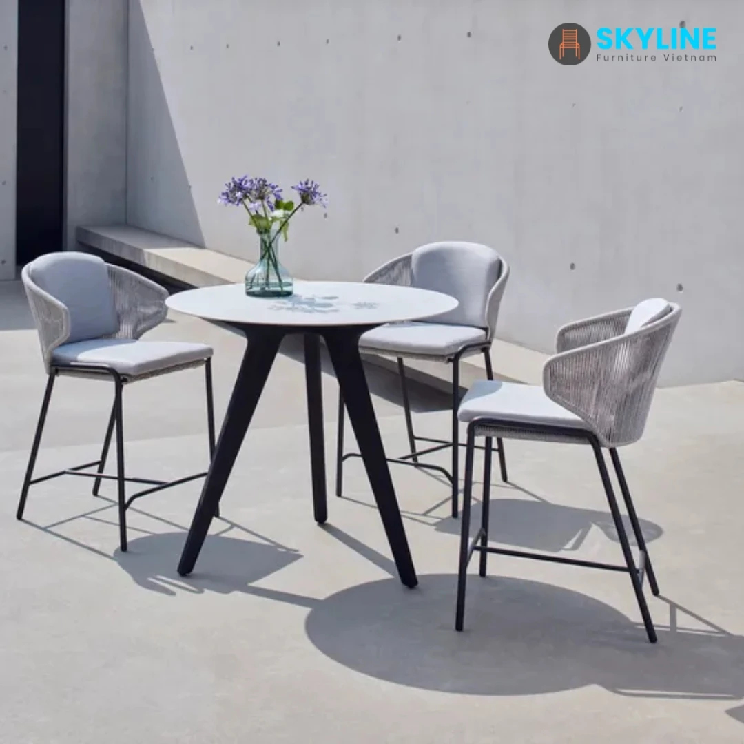 Wholesale PE Rattan Rope Woven Outdoor Dining Chairs Elegant Restaurant Furniture Tables with Rope Weave From Viet Nam