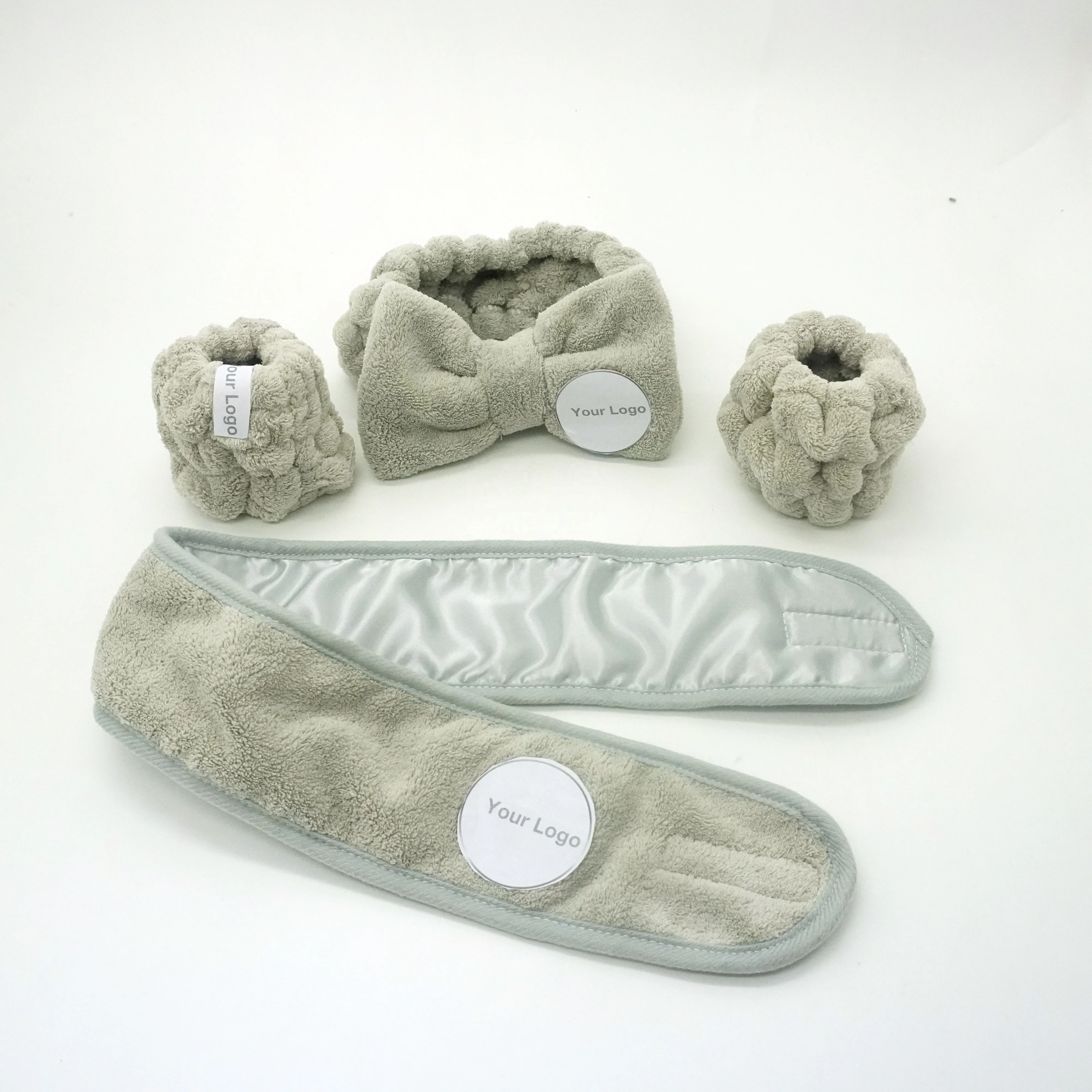 stain silk luxury spa headband set wrist cuff wash band face wash set for lady facial support to do custom logo