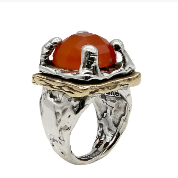 Fine jewellery handcrafted best quality silver 925 and bronze signet ring with semi-precious stone