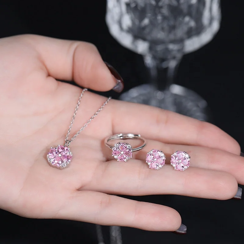 925 Sterling Silver Pink Zircon Four Leaf Clover Pendant Necklace Bracelet Earrings Sets Fine Jewelry Set