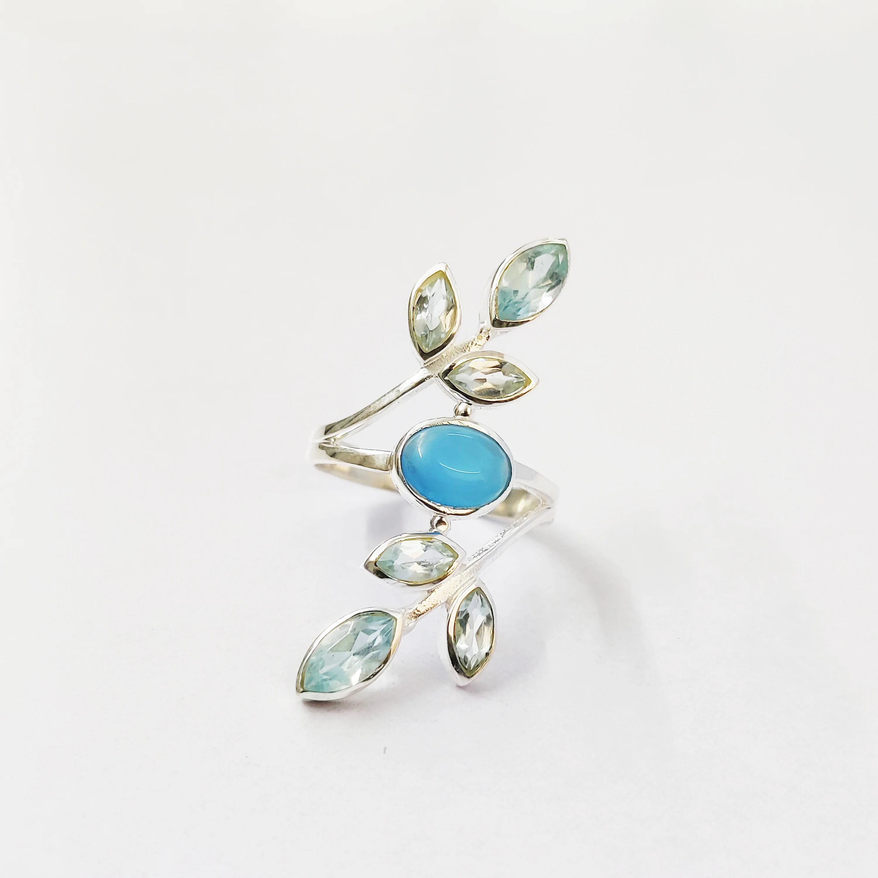 Unisex Multi-Stone Vintage Ring Lightweight Silver Gemstone Ring with Blue Quartz and Turquoise for Men and Women