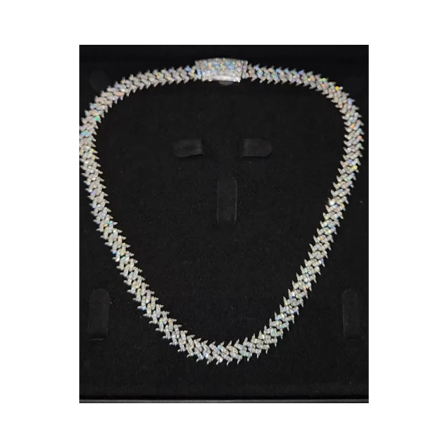 Silver 18k White Plated Spike Set Miami Cuban Link Chain Complete With VVS1 D-Colour Moissanite Diamonds