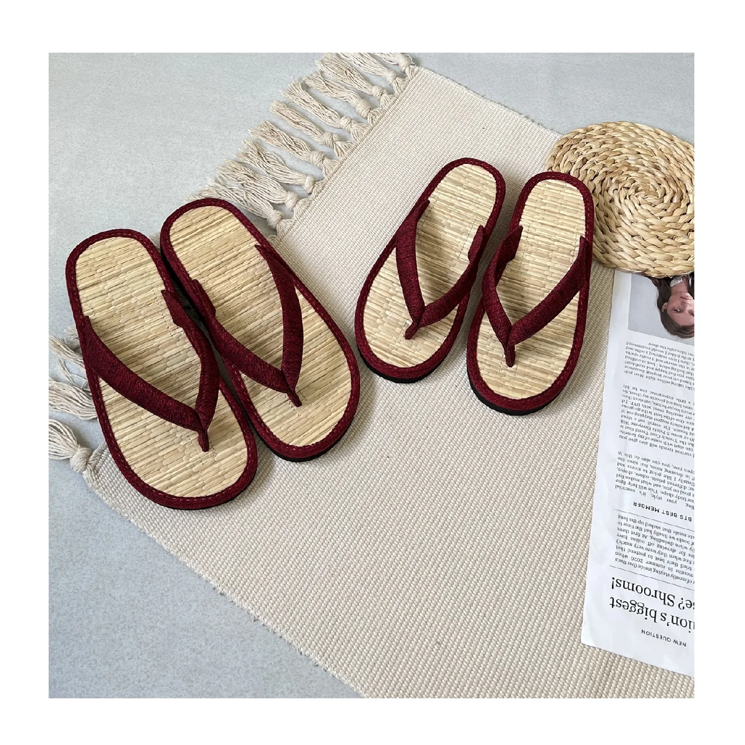 New Trending Seagrass Water Hyacinth Slippers Straw Plush Mesh Canvas Fur Platform Summer Natural Color Home Slippers