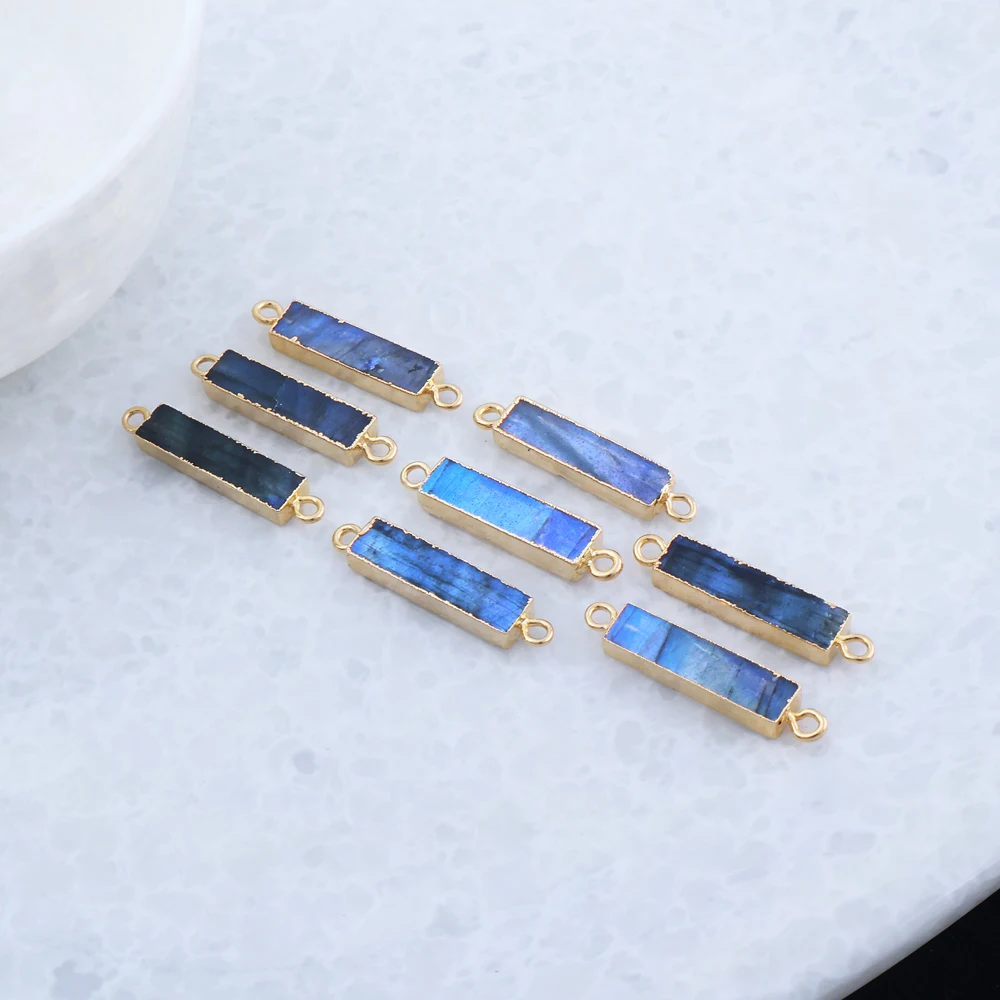 Natural healing flashy labradorite bar shape necklace pendant connector brass gold electroplated edged diy double bail connector