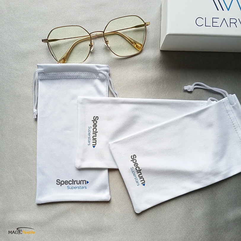 Wholesale White Luxury Drawstring Microfiber Packaging 180gsm Eye Glasses Sunglasses Pouch Bag And Cloth With Logo