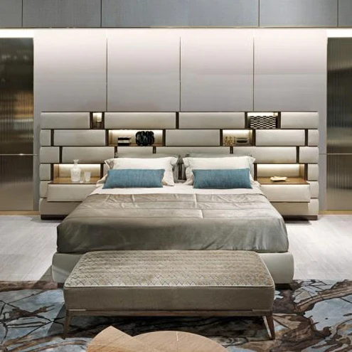 Hotel bedroom furniture set italian leather king size bed classic modern couple luxury beds