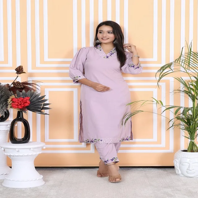 High quality lady tailor lavender machine embroidery polyester co-ord set party wear dress