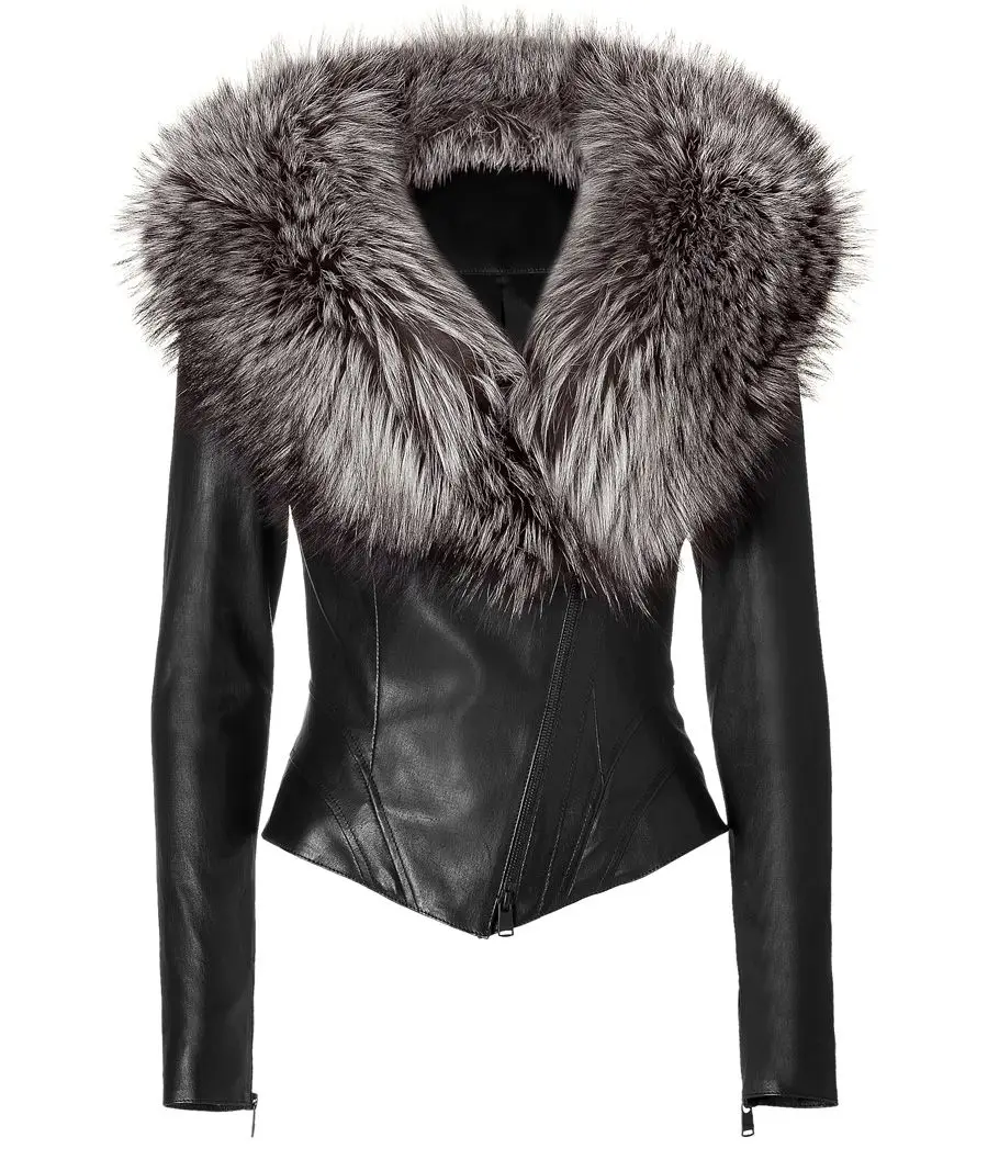 High Quality Genuine Leather Ladies Trendy Long Coat with Fur Look Multiple Pockets Zipper Women Jackets
