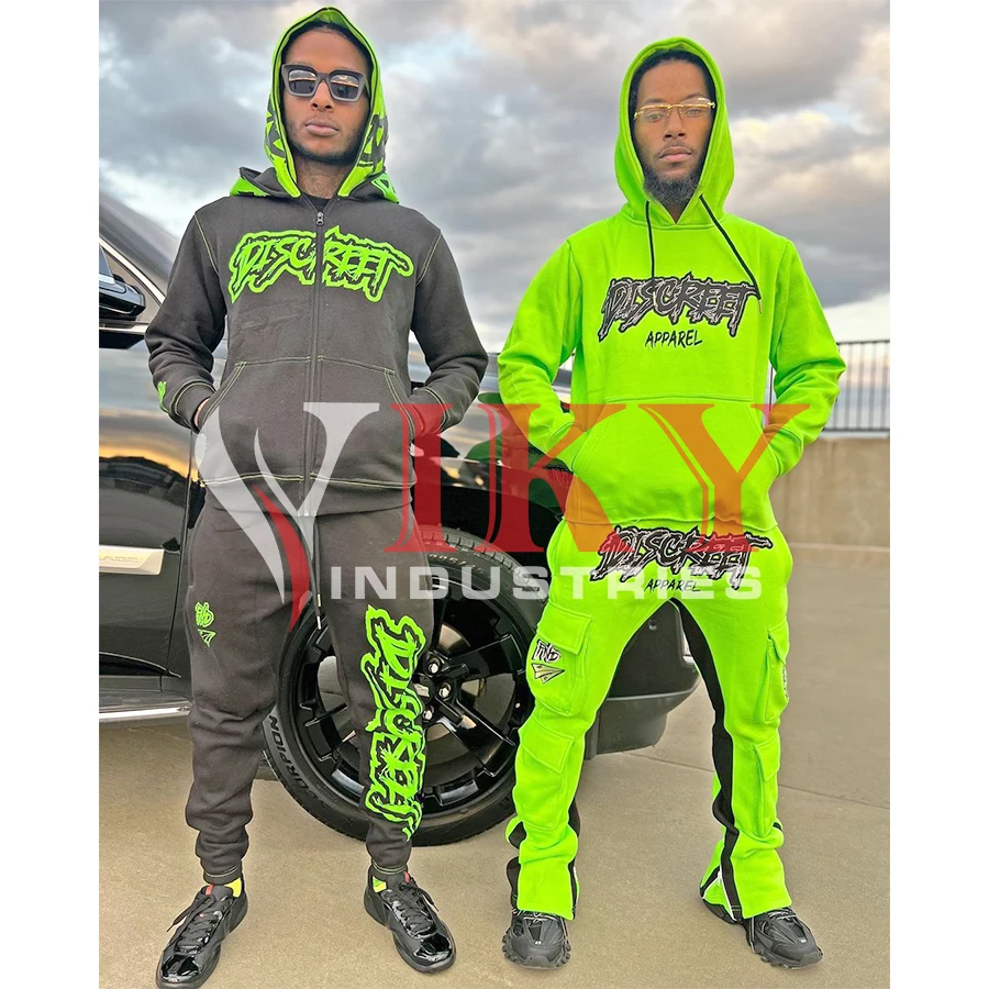 Full zip up Flare tracksuit cargo pocket Stacked pants Flared Sweatpants And Hoodie Sets Tracksuit for men custom sweat suit