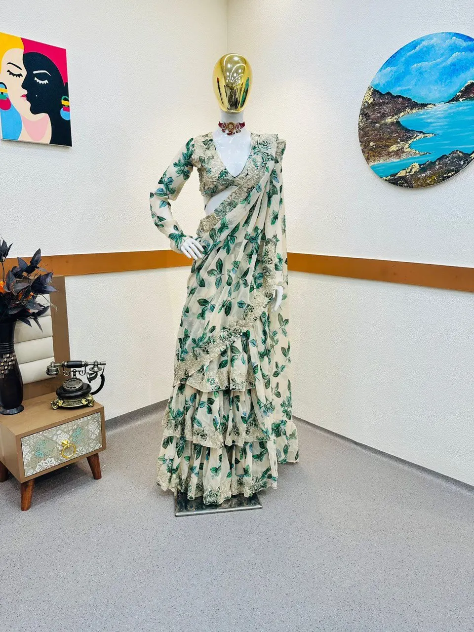 New Designer White & Green Color Ruffle Style Fox Georgette Embroidery Sequin Work Saree Indian Sarees for Wedding and Home Wear