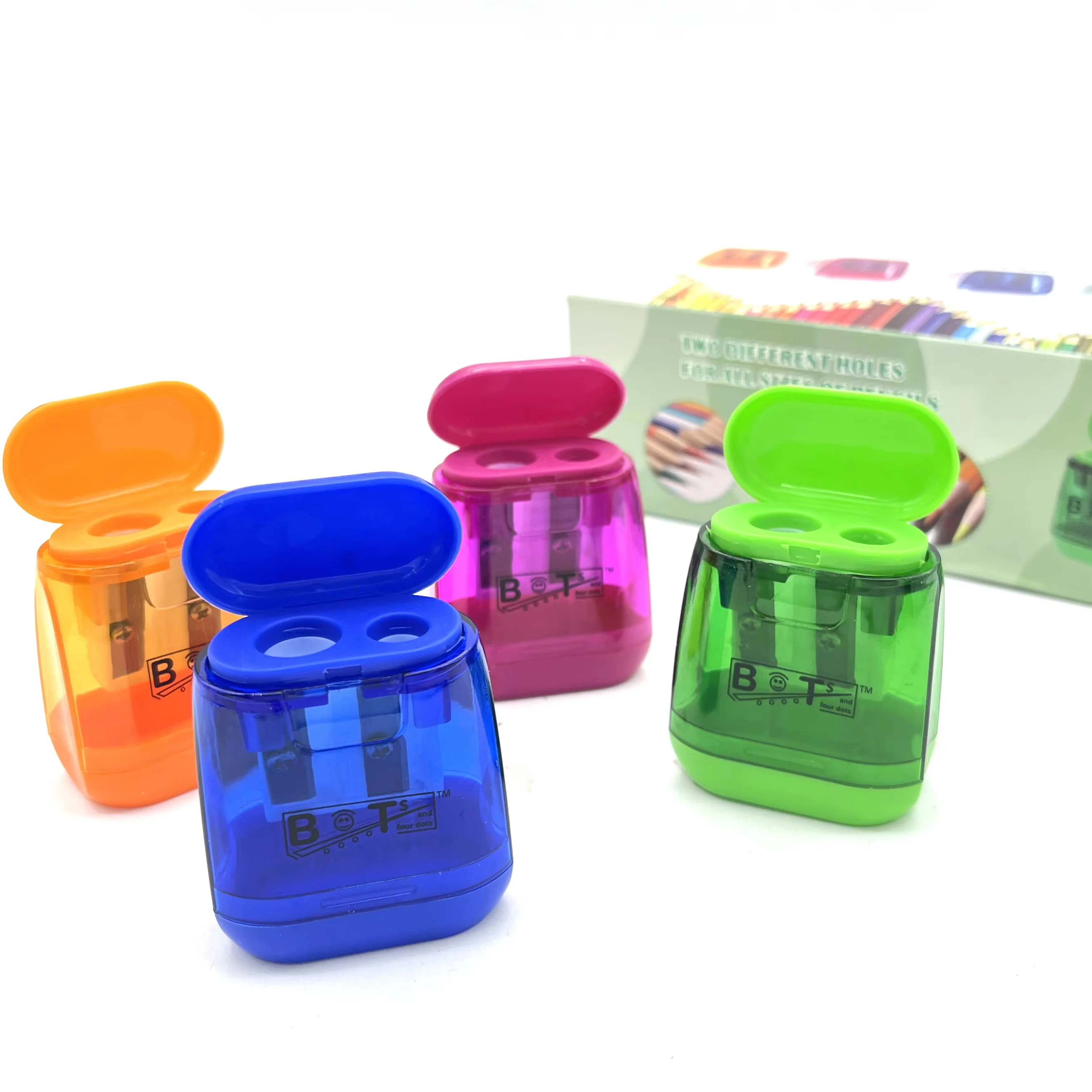 Боты и четыре точки точилка для карандашей 4 привлекательных цвета (12 в упаковке) Ref. Нет.: BOT-PM-0002. Оранжевый розовый красный синий зеленый