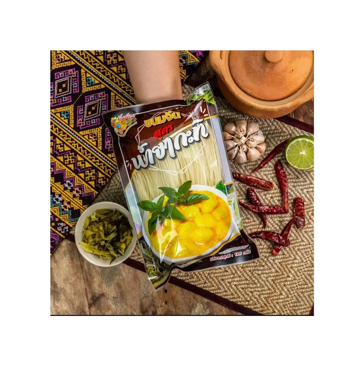 Instant Rice Noodles (Khanom Jeen) with Coconut Milk Authentic Thai Hot and Spicy Tasty Phungnoi Noodle Brand 120g./Pack