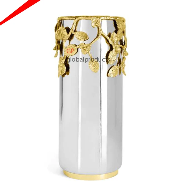 decorative metal cylinder shaped flower vases with golden flower on top home decoration flower pot