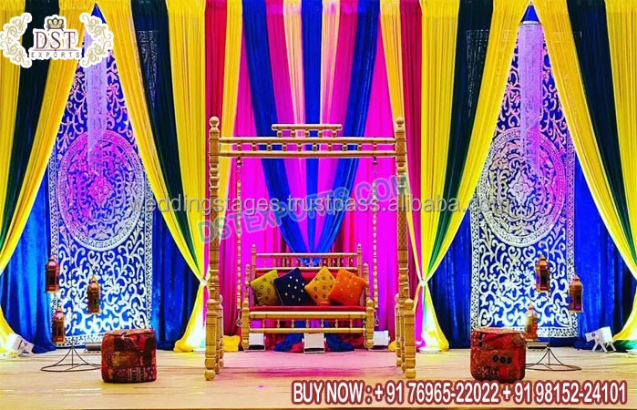 Colorful Zari Work Backdrops For Mehndi Event Punjabi Wedding Mehndi Night Function Backdrops Pakistani Wedding Stage Drapes