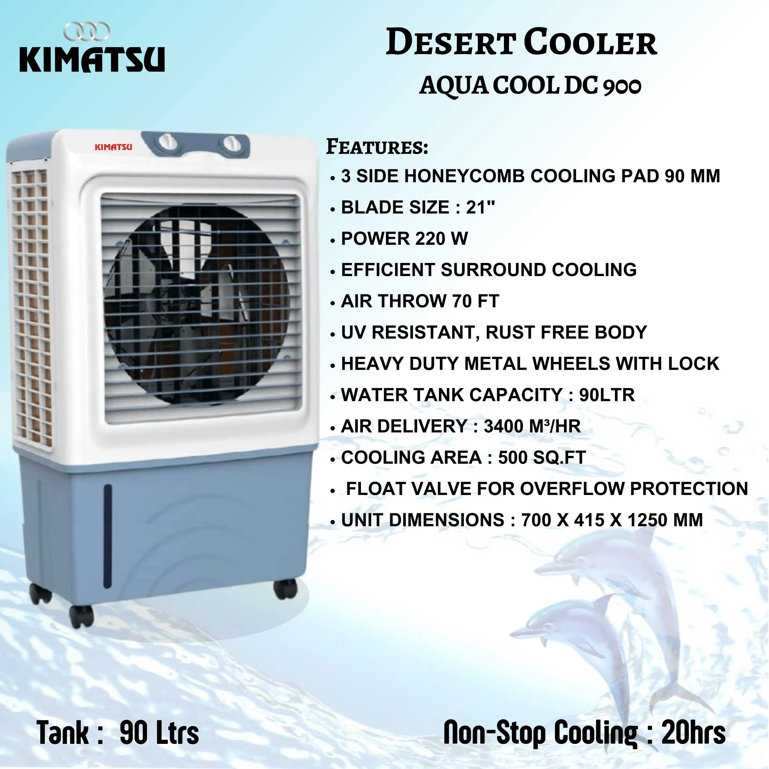 High-Efficient 90-Liter Tank Pad Desert Cooler Water Level Indicator 3 Honeycomb Cooling Pads 20 Hours Tower Water Pump New